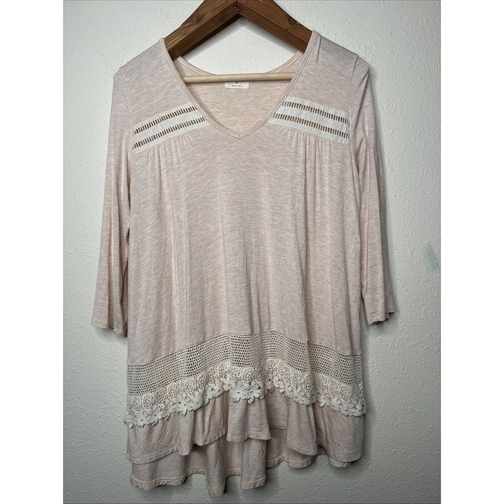 Cirana Tunic Blush and beige, lace crochet trim,  3/4 sleeve Medium